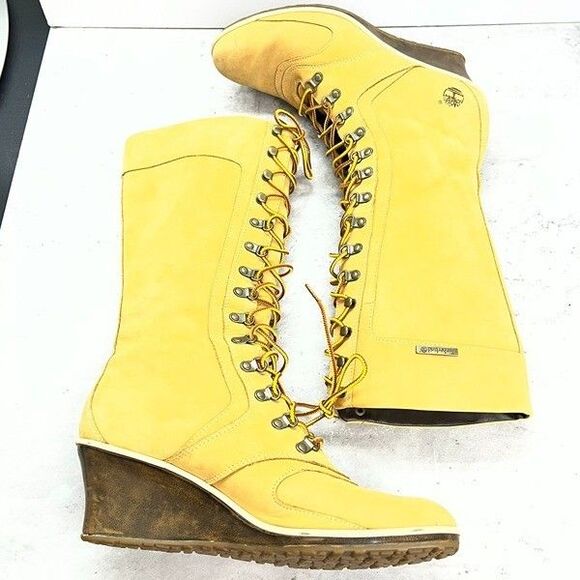 Timberland Knee High Lace-Up Yellow Genuine Leather Boots Womens Size 9M - Picture 2 of 13
